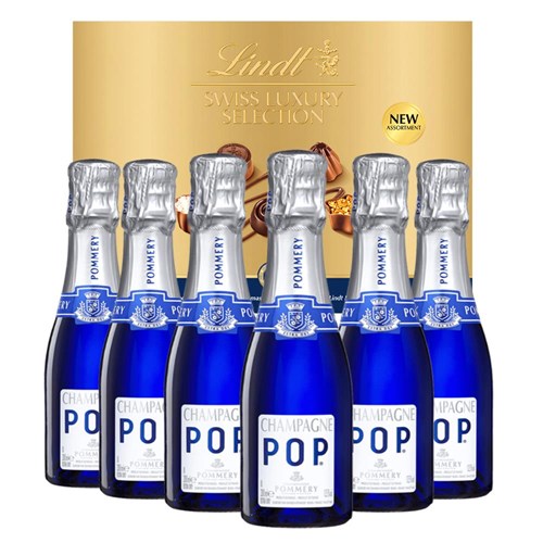 Mini Pommery POP Champagne 20cl Case of 6 with Lindt Swiss Tradition Chocolates 193g